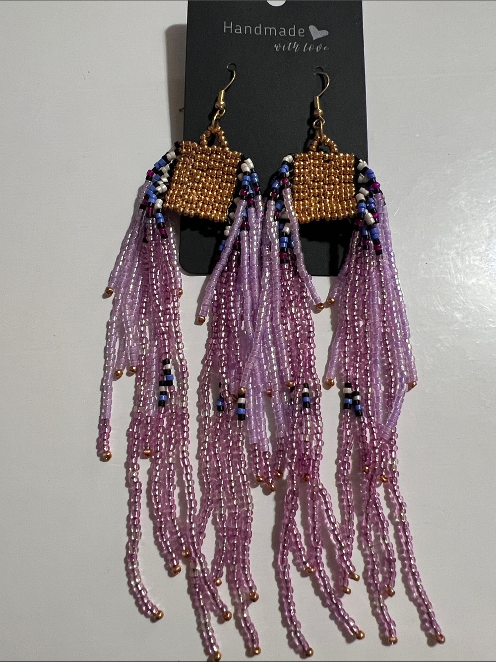 Lavender Seed Bead Fringe Earrings with Gold Square Accent